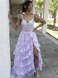 Lilac Sequin Lace Ruffles Prom Dress Split Evening HZ0307