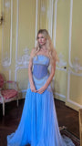 Luxury Baby Blue Pearl Chiffon Prom Dress, Princess Birthday Dress, HZ0307