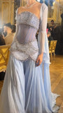 Luxury Baby Blue Pearl Chiffon Prom Dress, Princess Birthday Dress, HZ0307