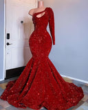 Mermaid Red Sequin Prom Dresses Trumpet One Sleeve Evening Party HZ0307