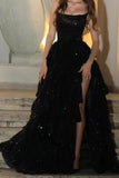 Modern Black Sequin Long Prom Dresses Ruffle Evening Party HZ0307