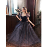 Navy Blue A-line Short Puffy Sleeves Princess Long HZ0307