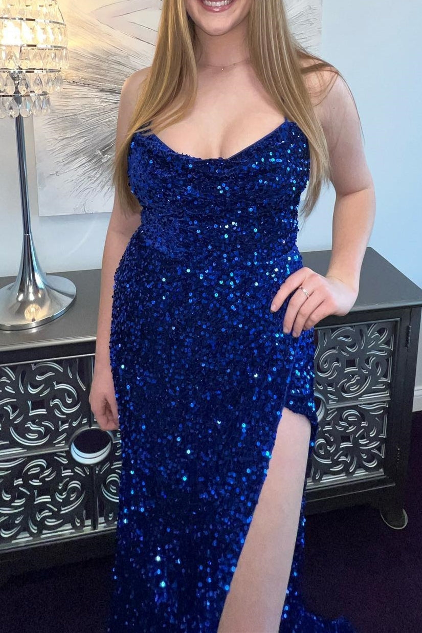 Navy Blue Sequin Mermaid Cowl Neck Long Prom HZ0307