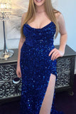 Navy Blue Sequin Mermaid Cowl Neck Long Prom HZ0307