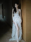 LTP1706, Stunning White Feather Hi-Lo Evening Prom HZ0307