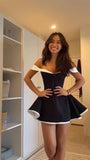 Off The Shoulder A-line Homecoming Dresses, Black White Short Prom HZ0307