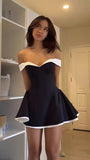 Off The Shoulder A-line Homecoming Dresses, Black White Short Prom HZ0307