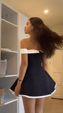 Off The Shoulder A-line Homecoming Dresses, Black White Short Prom HZ0307