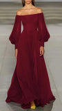 Off The Shoulder Burgundy Chiffon Prom Dresses, HZ0307