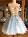 Off The Shoulder Floral Appliques Homecoming Dresses Light Blue Mini Party HZ0307
