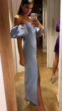 Off The Shoulder Prom Dress, Light Blue Split Party Dress, HZ0307