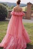 Off The Shoulder Pink Chiffon Party Dress, Puffy Senior Prom Dress, HZ0307
