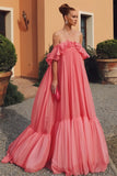 Off The Shoulder Pink Chiffon Party Dress, Puffy Senior Prom Dress, HZ0307