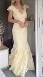 Off White V-Neck Chiffon Prom Dress Ruffle Evening Gown, HZ0307