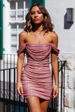 Off The Shoulder Pink Sequin Homecoming Dresses Mini Party Gown, HZ0307