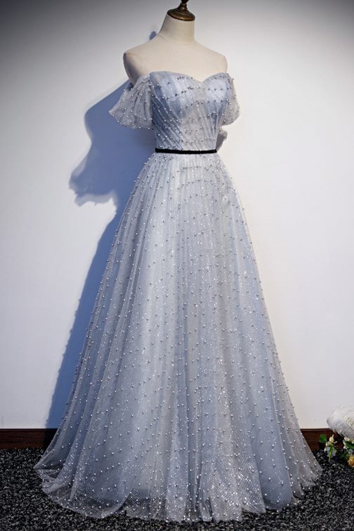 Off the Shoulder Grey Pearls Long Prom HZ0307