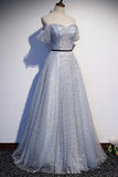Off the Shoulder Grey Pearls Long Prom HZ0307