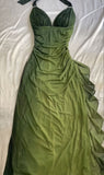 Olive Green Chiffon Prom Dress, Halter Ruffle Party Dress, HZ0307