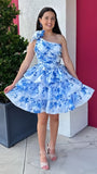 One Shoulder Blue Floral Homecoming Dresses Chiffon Ruffle Short Dance HZ0307