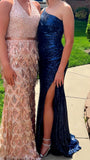 One Shoulder Blue Sequin Long Party Dress, Senior Prom Dresses, HZ0307