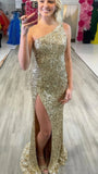 One Shoulder Mermaid Sequin Prom Dress With Side Slit, HZ0307