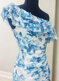 One Shoulder White Blue Floral Homecoming Dress, Back To School HZ0307