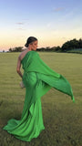 One Sleeves Green Sheath Long Prom Dress With Sweep HZ0307