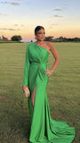 One Sleeves Green Sheath Long Prom Dress With Sweep HZ0307