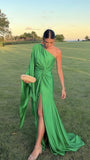 One Sleeves Green Sheath Long Prom Dress With Sweep HZ0307