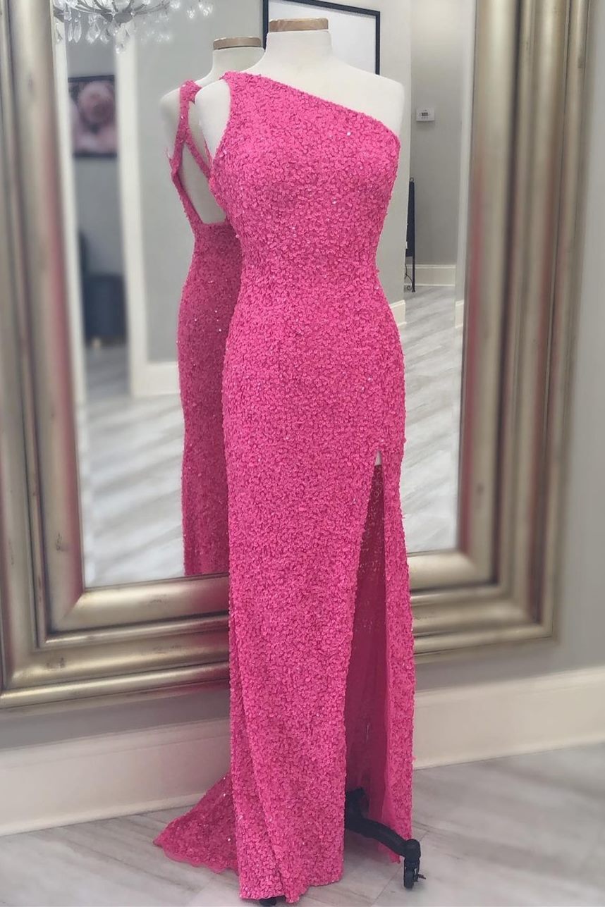 One Shoulder Hot Pink Sequins Mermaid Long Prom HZ0307