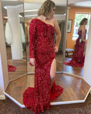 One Shoulder Long Sleeve Hot Pink Sequin Mermaid Long Formal HZ0307