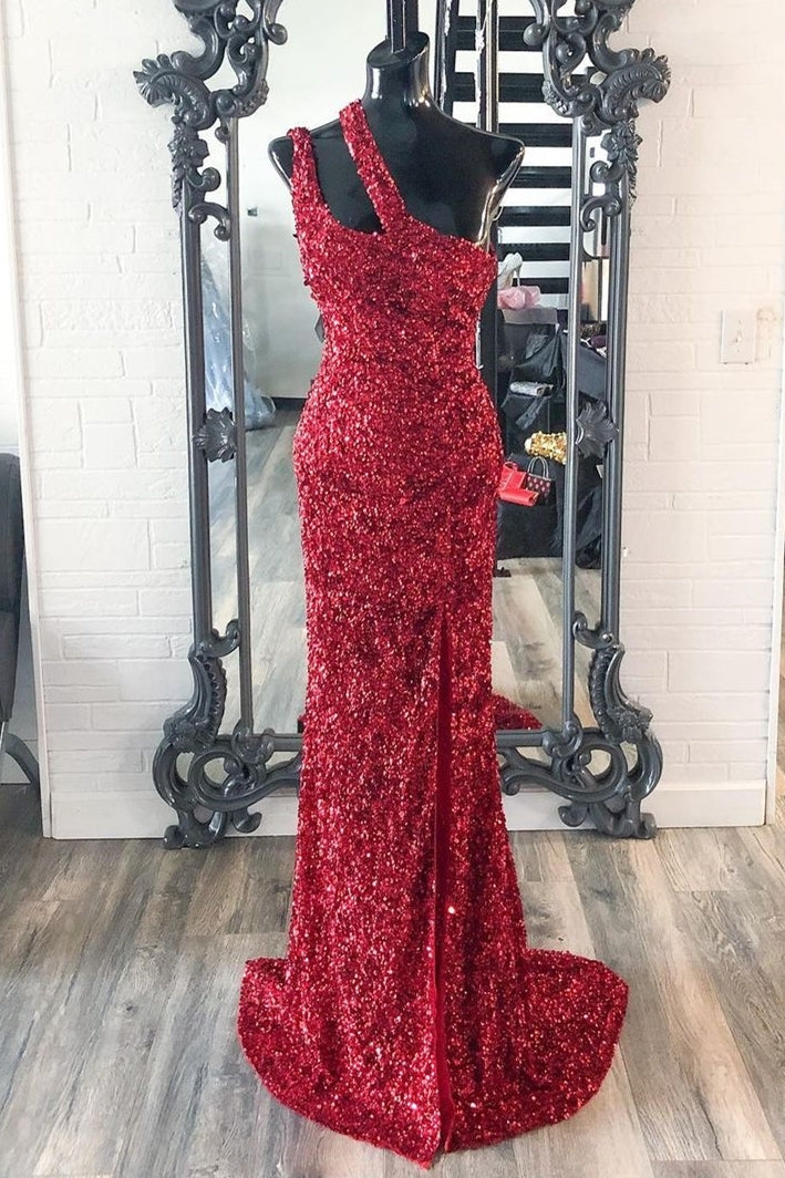 One Shoulder Red Sequins Mermaid Long Prom HZ0307
