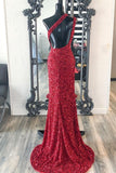 One Shoulder Red Sequins Mermaid Long Prom HZ0307