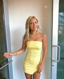 Pastel Yellow Homecoming Dresses Strapless Mini Party Gown, HZ0307