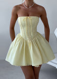 Pastel Yellow Strapless Homecoming Dresses Satin Lace Party Gown, HZ0307