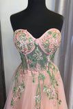 Peach Tulle Sweetheart Floral Embroidery Long Prom HZ0307