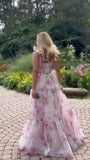 Pink A-Line Chiffon Floral Evening Party Dress, Senior Prom HZ0307