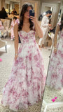 Pink A-Line Chiffon Floral Evening Party Dress, Senior Prom HZ0307