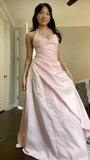 Pink Halter V-Neck Floral Long Evening Prom HZ0307