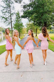Pink/Sky Blue Homecoming Dress 3D Floral Short Hoco Dress, HZ0307