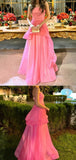 Pink Strapless Organza Prom Dress, Sleeveless Ruffle Party Evening Dress, HZ0307