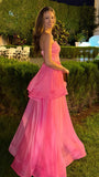 Pink Strapless Organza Prom Dress, Sleeveless Ruffle Party Evening Dress, HZ0307