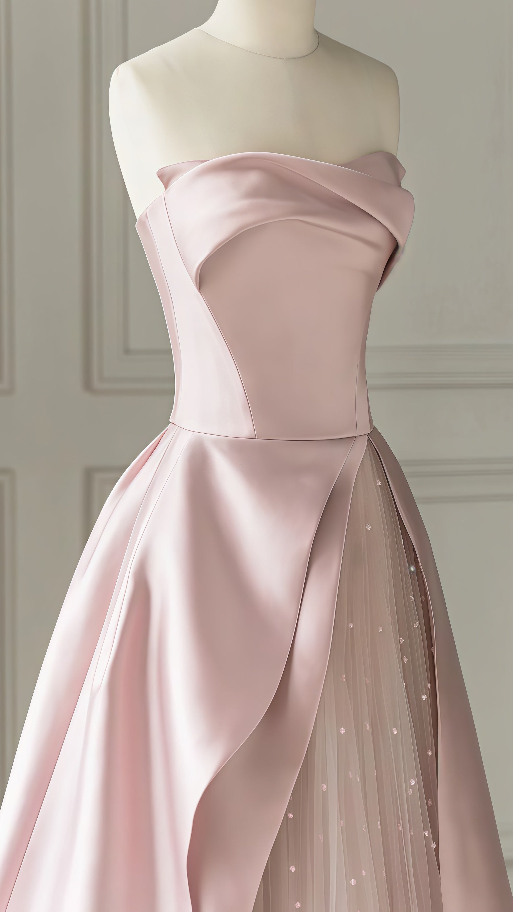 Pink Strapless A-Line Prom Dress With Dots Tulle Party Dresses, HZ0307