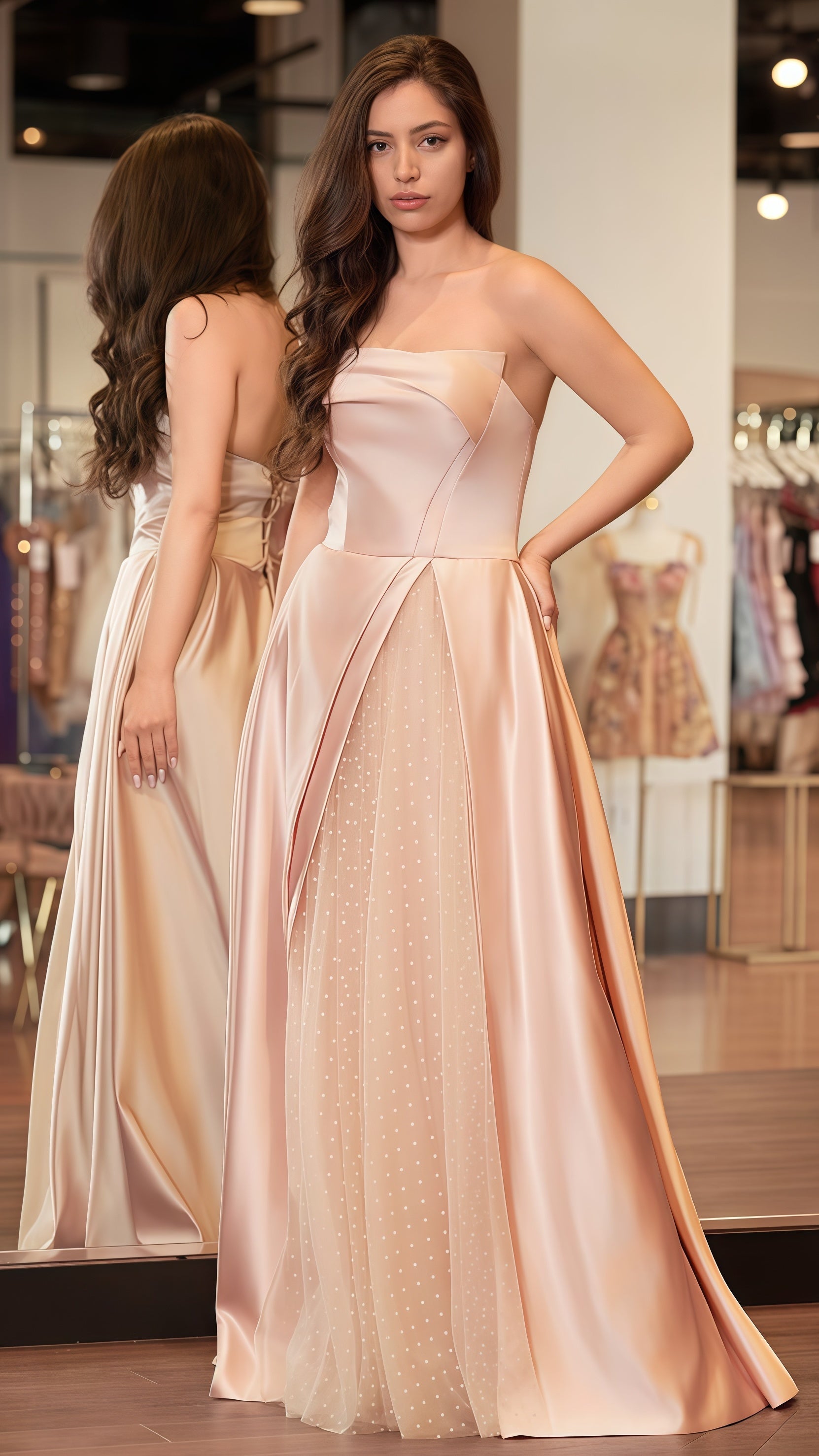 Pink Strapless A-Line Prom Dress With Dots Tulle Party Dresses, HZ0307