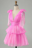 Pink V-Neck Homecoming Dress Chiffon V-Neck School Party Dress, HZ0307