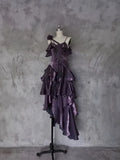 Pretty Irregular Ruffled Spaghetti Straps Grape Prom Dresses With Detachable Rose Long Birthday Dress For Women, HZ0307