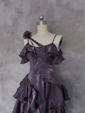 Pretty Irregular Ruffled Spaghetti Straps Grape Prom Dresses With Detachable Rose Long Birthday Dress For Women, HZ0307