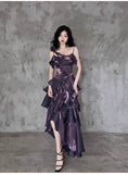 Pretty Irregular Ruffled Spaghetti Straps Grape Prom Dresses With Detachable Rose Long Birthday Dress For Women, HZ0307