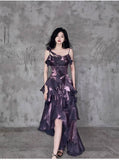 Pretty Irregular Ruffled Spaghetti Straps Grape Prom Dresses With Detachable Rose Long Birthday Dress For Women, HZ0307