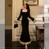 Pretty Mermaid Square Neckline Black Prom Dresses Birthday Outfits Evening Gowns , HZ0307